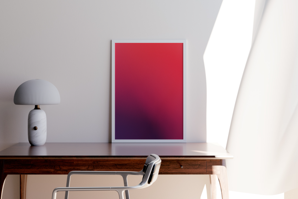 Modern poster mockup on wooden desk with lamp and chair, clean design, for presentations and portfolios.