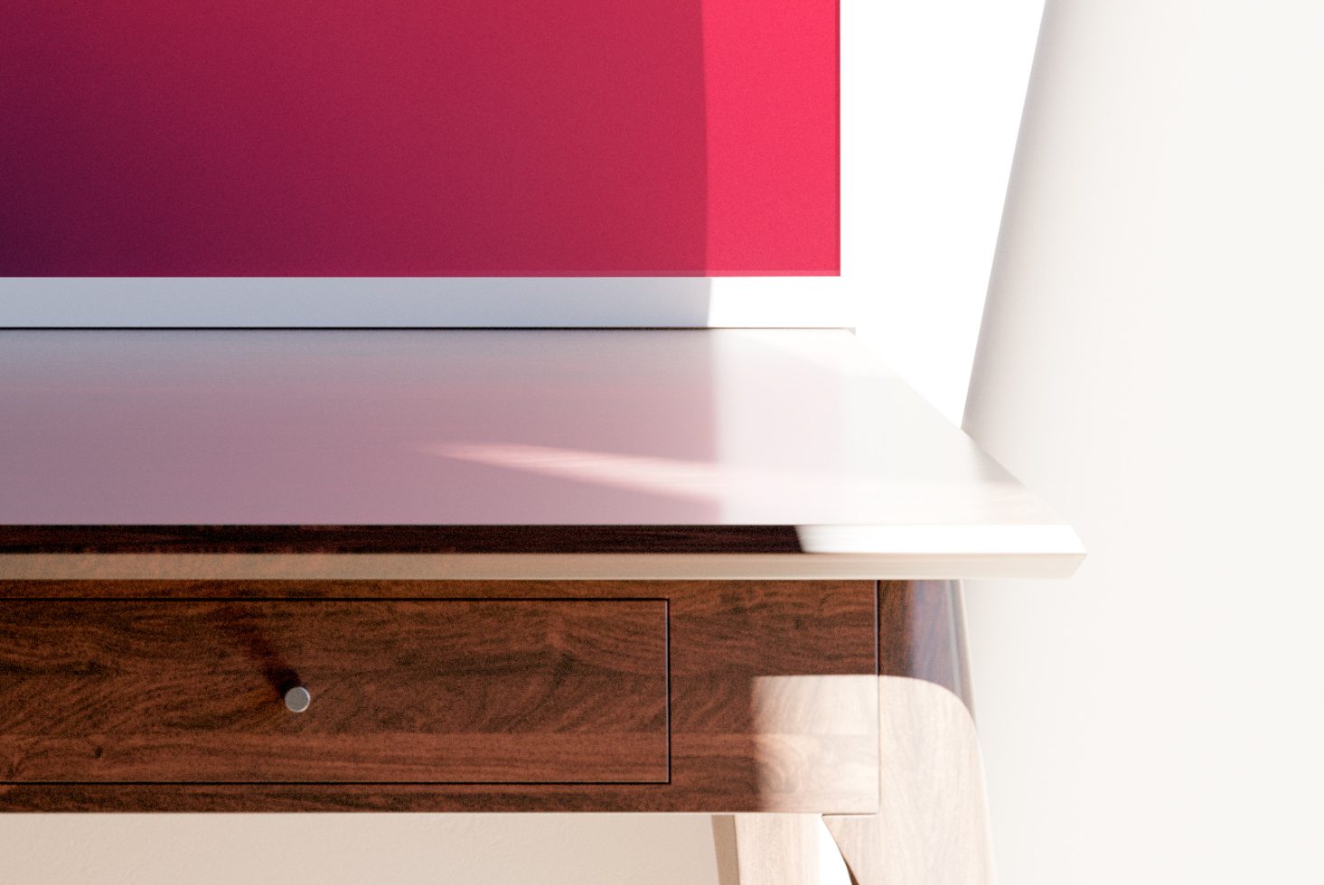 Mockup of modern desk with sleek design featuring wood texture and minimal white computer, perfect for presentations and web design.