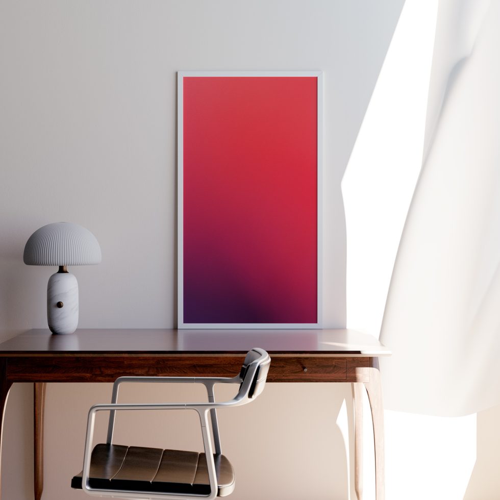 Modern poster mockup on wooden desk with chair and lamp, interior design template for designers, clean and minimalist.