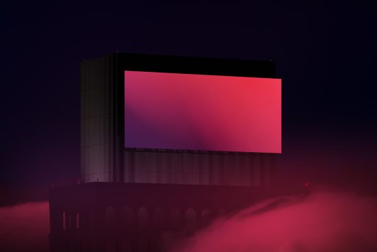 Billboard mockup on a misty building at dusk, with a gradient of pink and purple for design presentations and advertising.