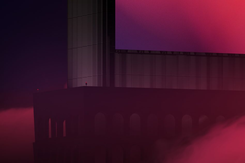 Mysterious modern building silhouette in mist with vibrant pink and purple gradient background, ideal for graphics and templates.