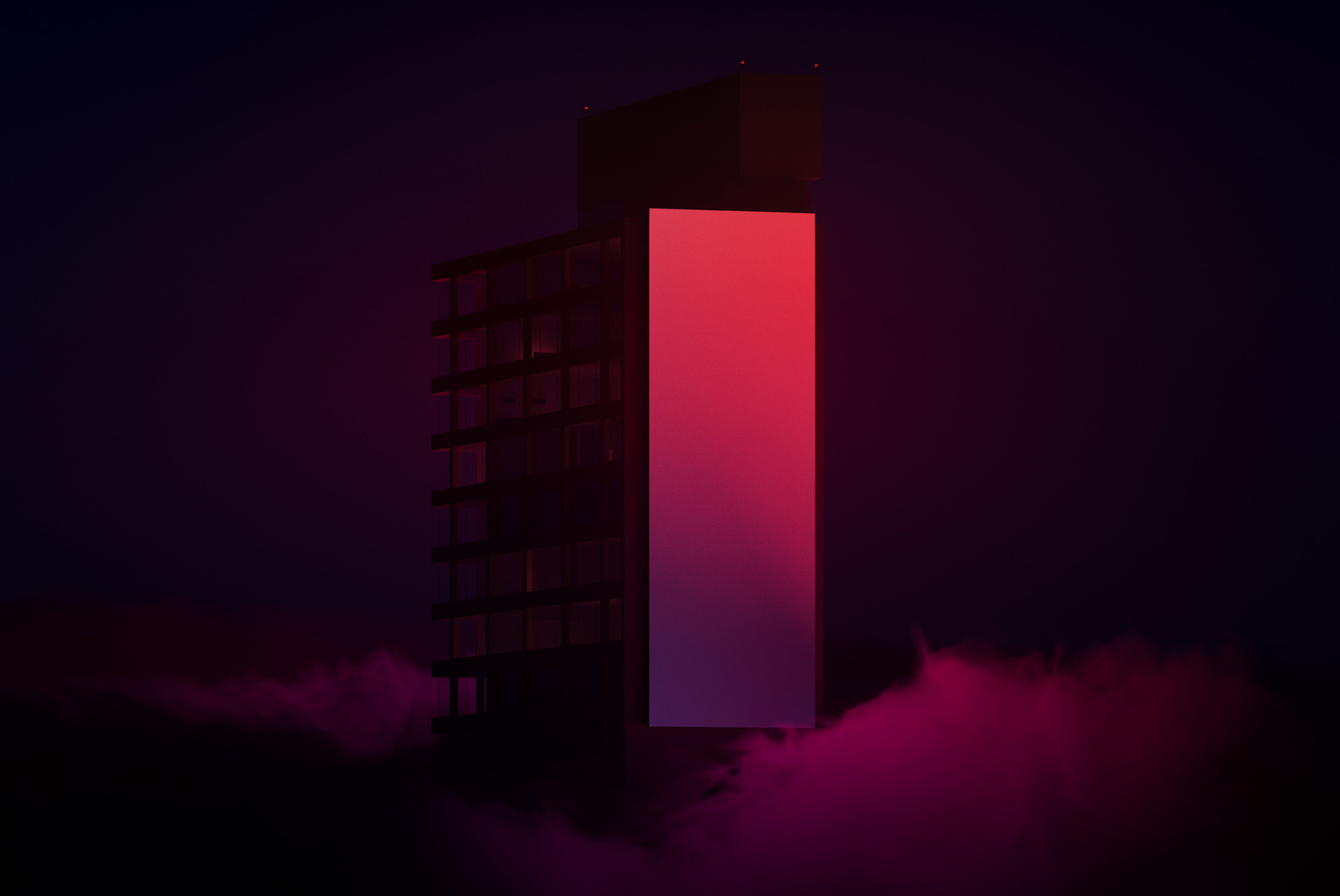 3D building billboard mockup at night with luminous red advert space, surrounded by dark mist for design presentation.