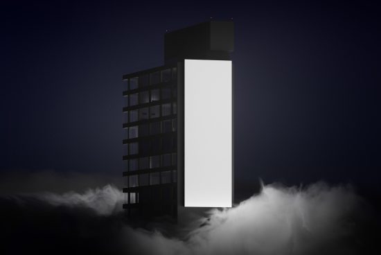 Dark atmospheric building mockup with blank billboard for design display, surrounded by mist, ideal for presentations and advertising visuals.