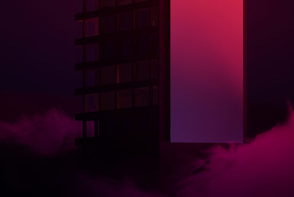 Dark moody skyscraper building mockup with neon purple lighting for poster or advertisement design, urban night scene.