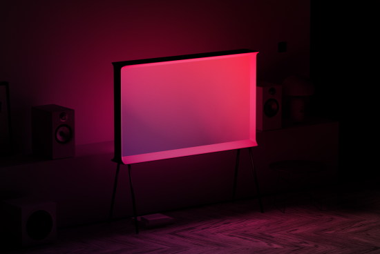 Stylish modern TV mockup with neon glow in a dark room setup, ideal for presentations and design showcases in home entertainment.
