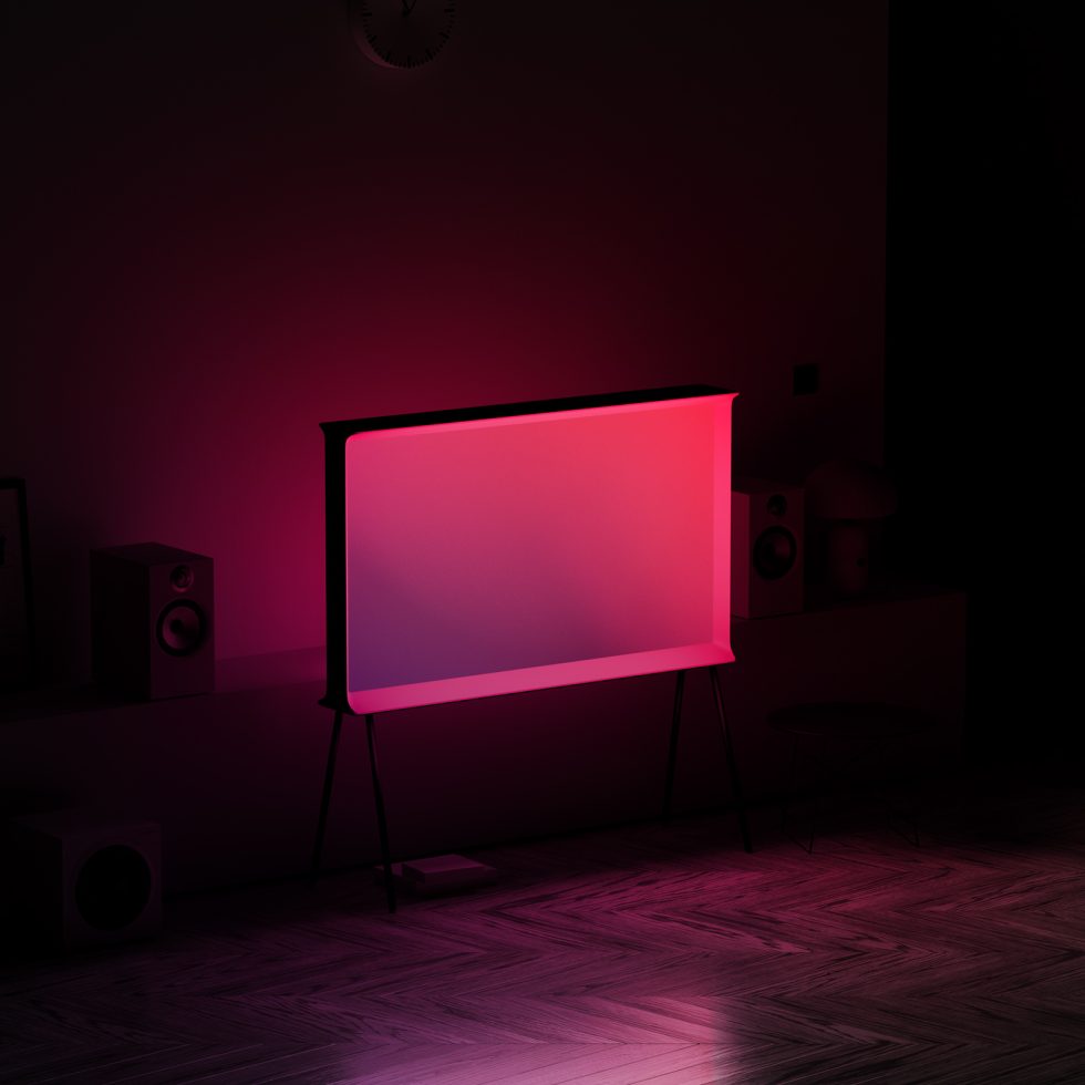 Stylish mockup of a neon-lit presentation screen in a dim room with ambient lighting perfect for showcasing designs and visuals.