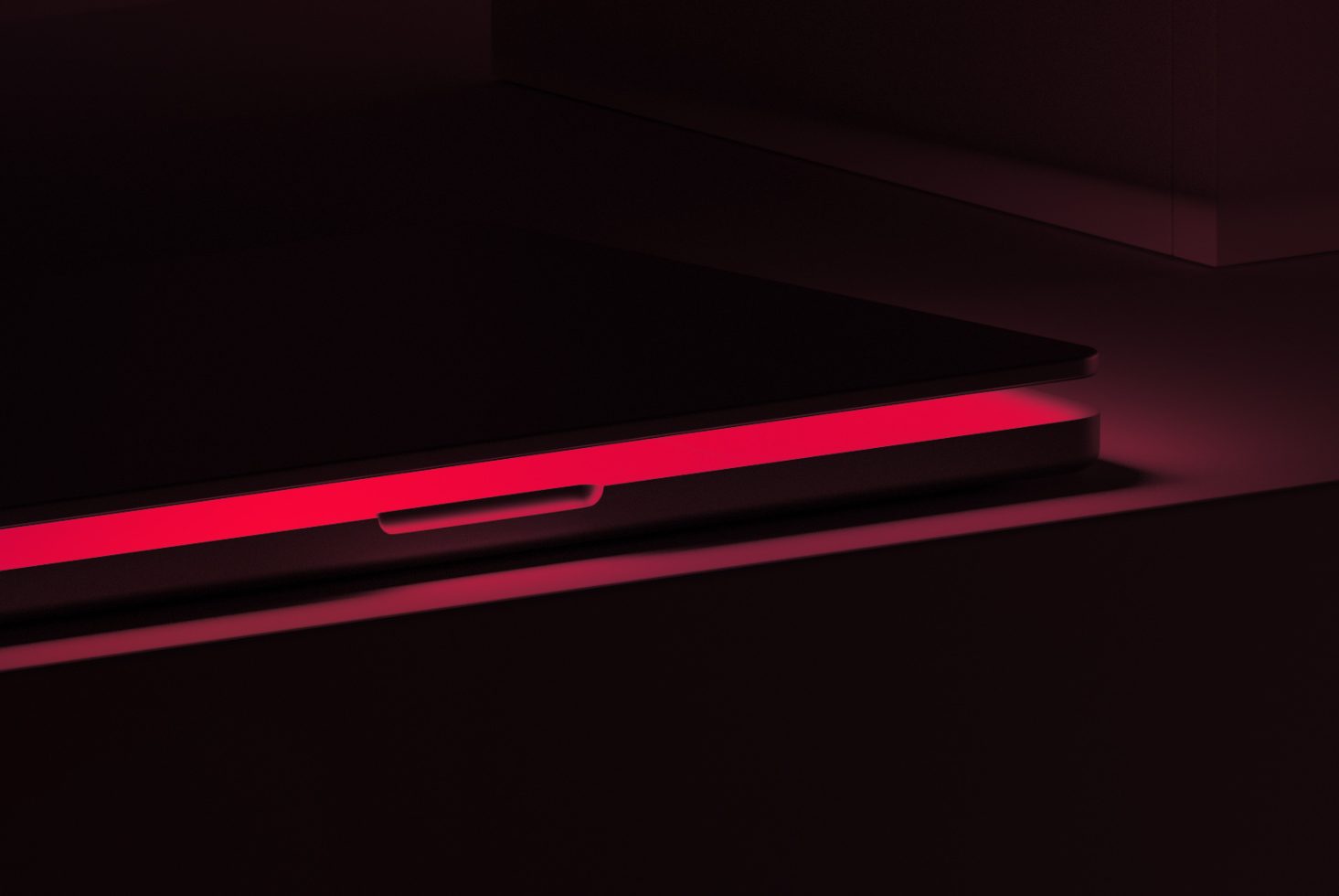 Minimalistic dark shelf with glowing red neon light, ideal for showcasing product design or creating dramatic mockups for presentations.