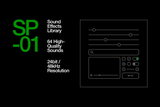 Sound effects library promotional graphic with sleek dark design, showcasing 64 high-quality sounds, 24bit/48kHz resolution for audio designers.