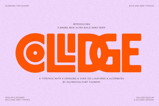 Promotional graphic for Collage ultra bold sans serif font by Silverstag, featuring orange letters on a purple background.