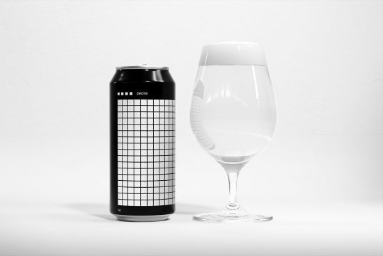 Monochrome product mockup featuring a stylish can and wine glass on a light background, perfect for packaging and branding designs.