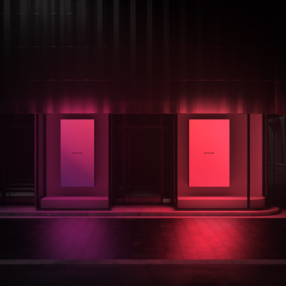 Modern storefront mockup with neon lighting for showcasing designs, suitable for templates category with vibrant urban aesthetics.