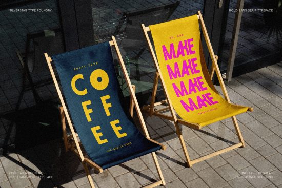 Two deck chairs showcasing bold sans-serif typeface designs for mockup, in sunny outdoor setting, with typography examples. Suitable for font presentations.