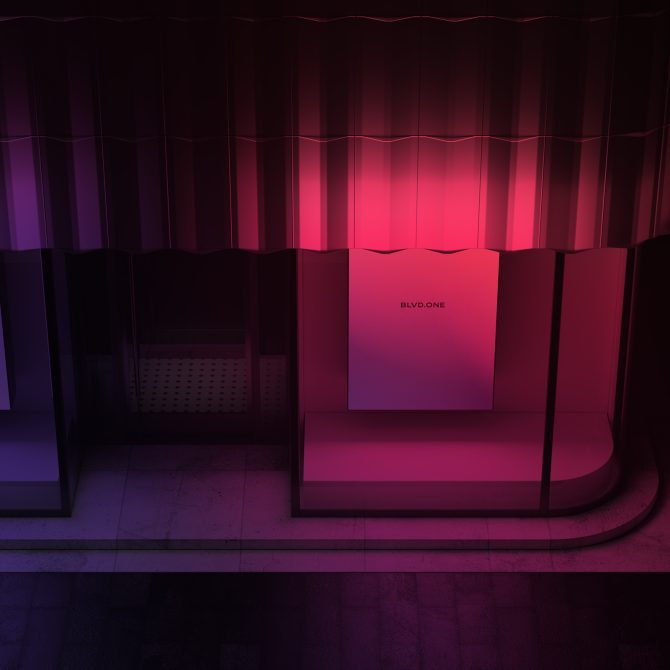 Pink neon-lit retail kiosk with curved glass panels in dark storefront space