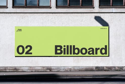 Urban billboard mockup on building wall for outdoor advertising, clean design, realistic shadows, editable template for designers.