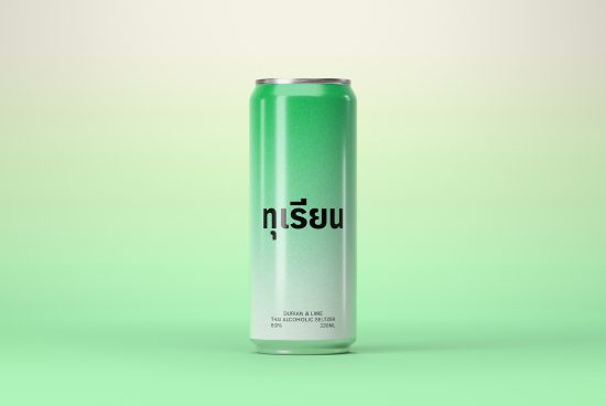 Mockup of green aluminum beverage can with sleek design and modern typography on gradient background for product presentations.