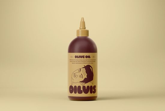 Olive oil bottle mockup with minimalist label design on beige background for product packaging presentation, branding, and marketing for designers.