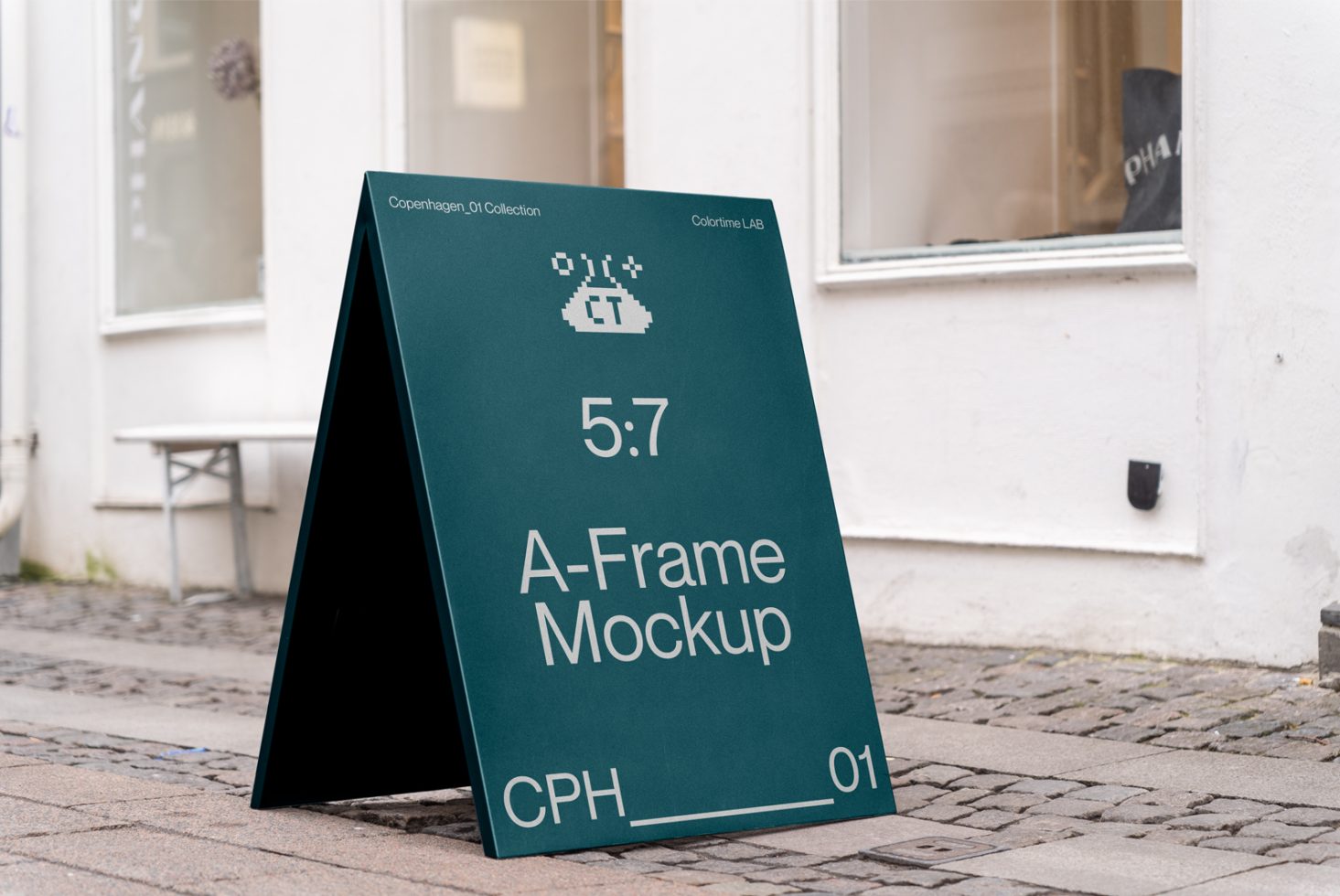 Outdoor A-Frame sign mockup on a cobblestone street with urban background, showcasing design space for branding and advertising.