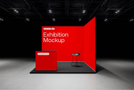 Sleek exhibition stand mockup in a dark venue with bold red panels, stool, display desk, and customizable design for marketing presentations.