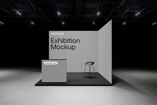 Exhibition booth mockup with customizable features for professional designers, showcased in a well-lit gallery setup.