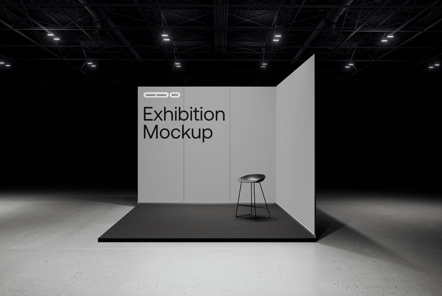 Professional exhibition booth mockup with lighting and stool, ideal for showcasing event designs and graphics, perfect for designers' presentations.