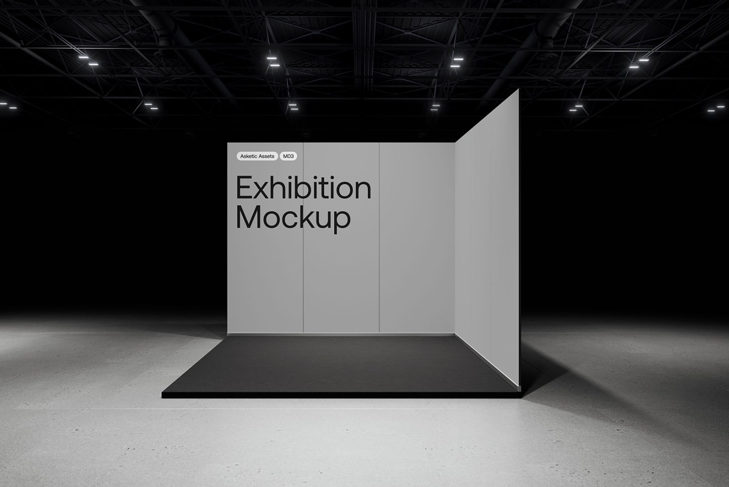 Exhibition mockup display in dark room with spotlights for designers to showcase projects, presentations, and graphics in a professional layout.