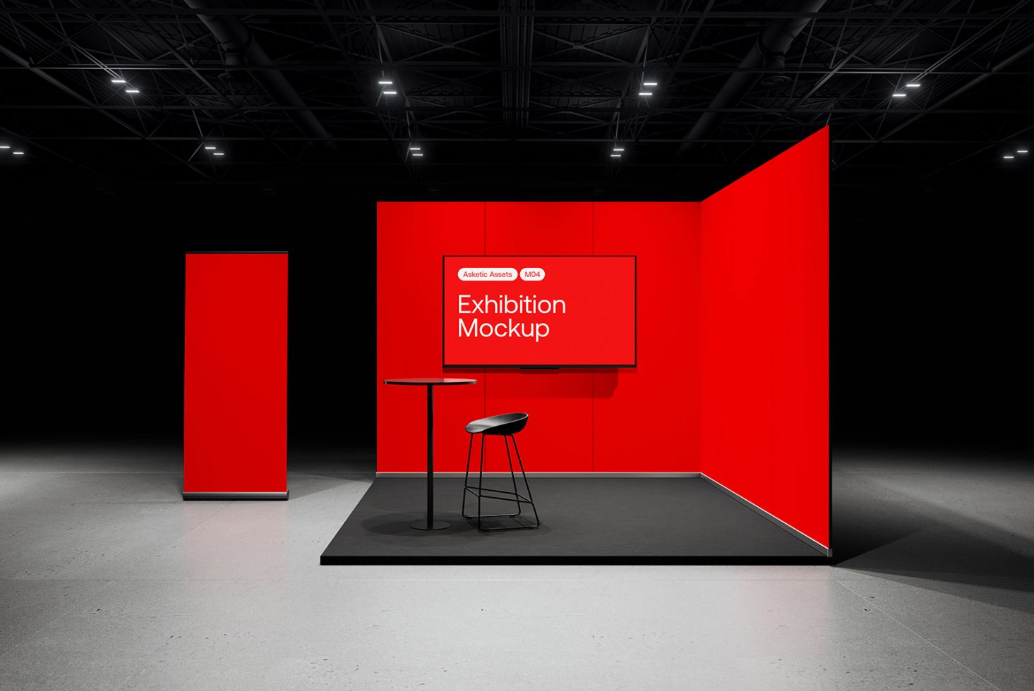 Red exhibition stand mockup in a darkened trade show environment, showcasing design versatility for presentations and portfolios.