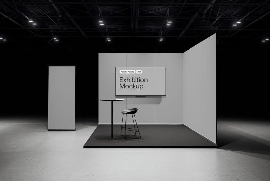 Professional exhibition stand mockup featuring a display screen, podium, and stool in a well-lit convention hall for designers.