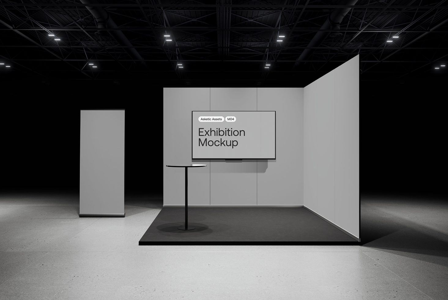 Modern exhibition stand mockup in a dark hall for presentations, showcasing professional design templates for graphic designers.