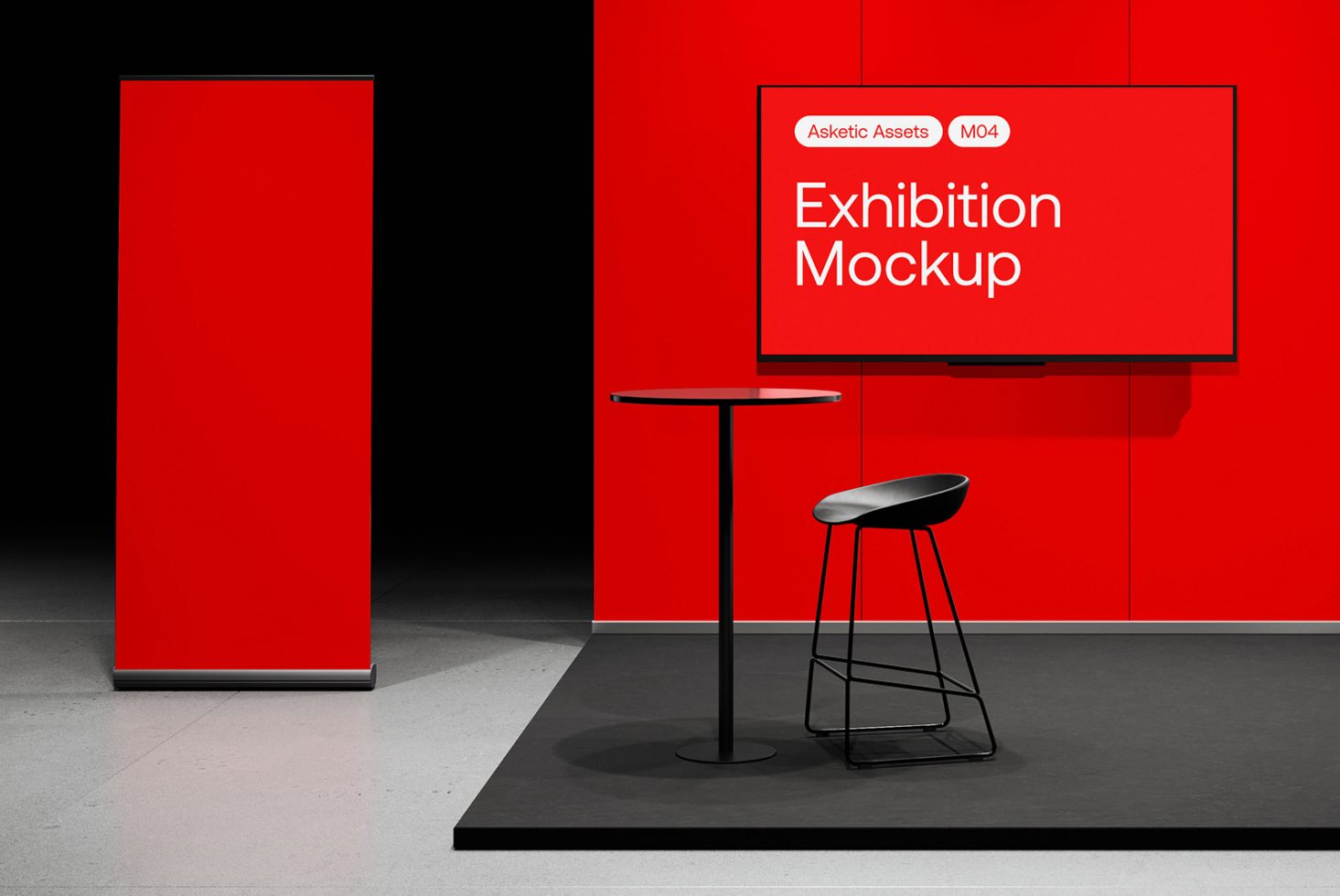 Minimalist exhibition mockup with red backdrop, modern black furniture, and clean presentation screen for design showcase.