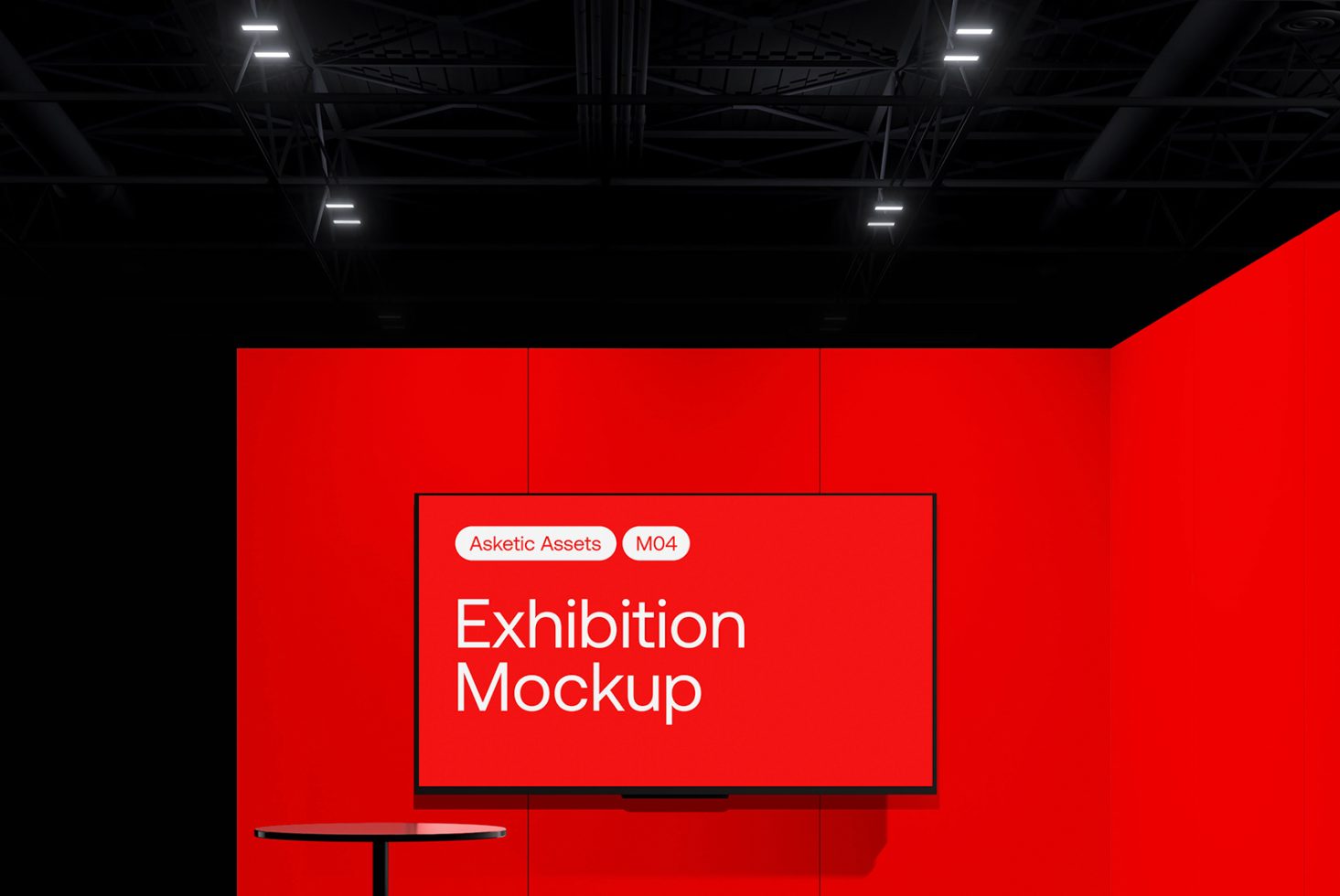 Red exhibition stand mockup with a large display screen, modern design, in gallery lighting, ideal for showcasing branding graphics.