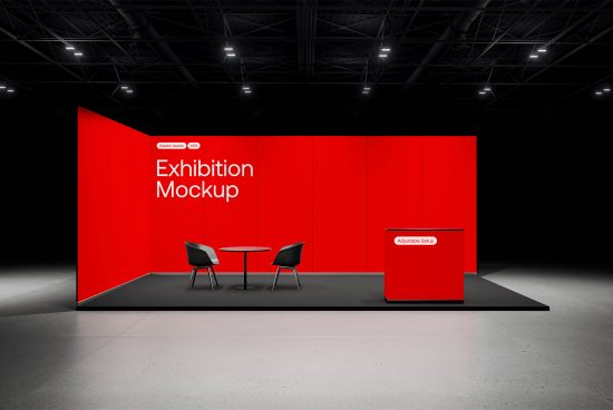 Red exhibition stand mockup with chairs, table, and info desk in an event hall setting for graphics and templates designers.