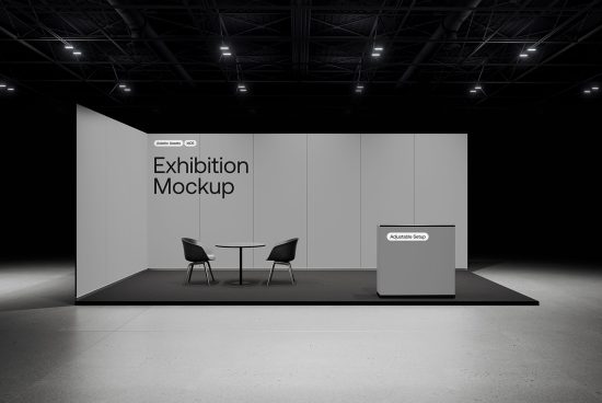 Exhibition stand mockup in dark room with lighting, table, chairs, and info desk, ideal for display design presentations.