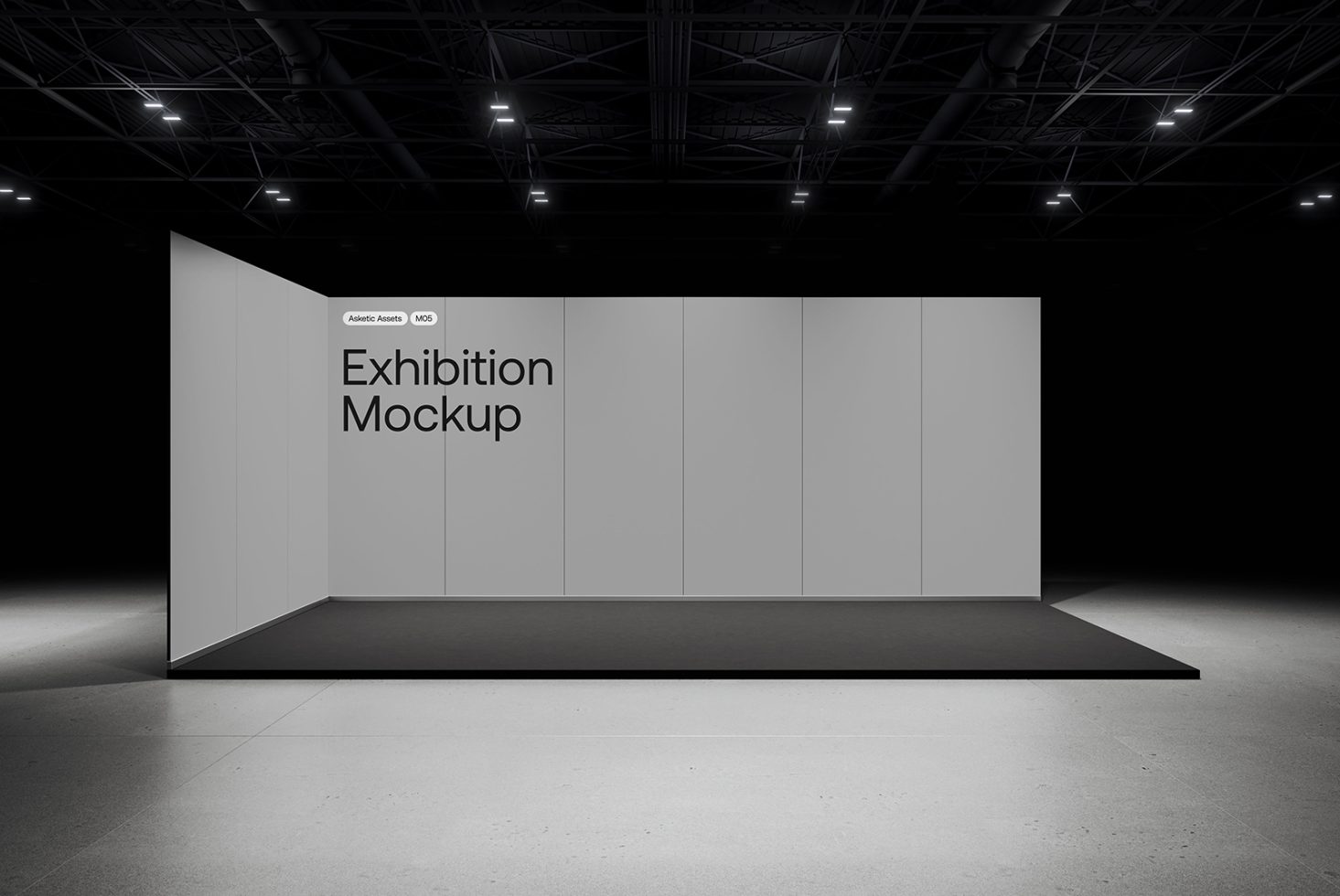 Professional exhibition mockup in a dark room with spotlighting, ideal for presenting designs and graphics to clients.