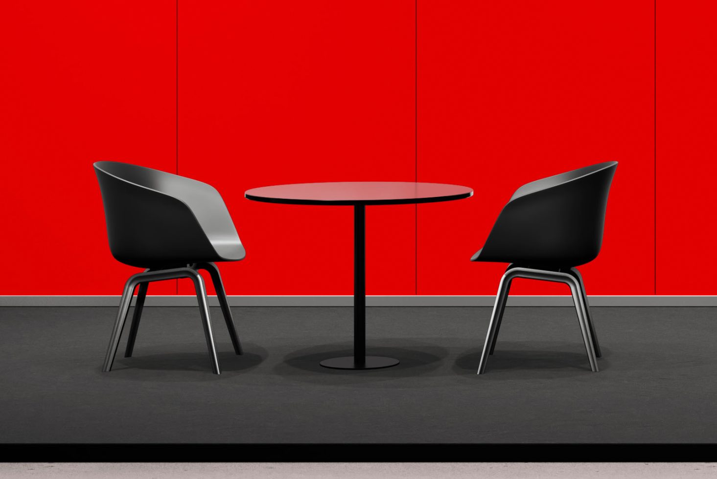 Modern minimalist chairs and table setup for product mockup, showcasing simple design against a vibrant red background suitable for designers.