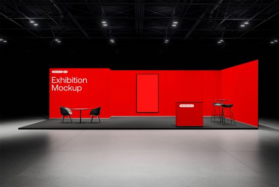 Red exhibition stand mockup in a dark showroom with spotlighting, chairs, and a table, ideal for showcasing design projects.