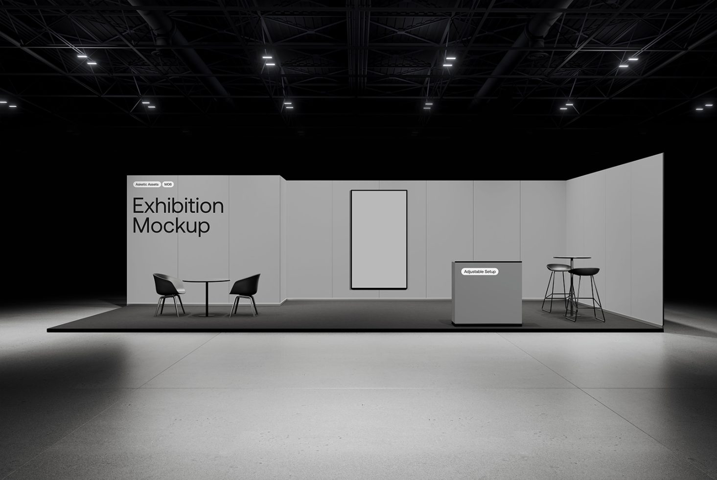 Professional exhibition mockup template, dark theme with lighting, chairs, and display panels suitable for design presentations.