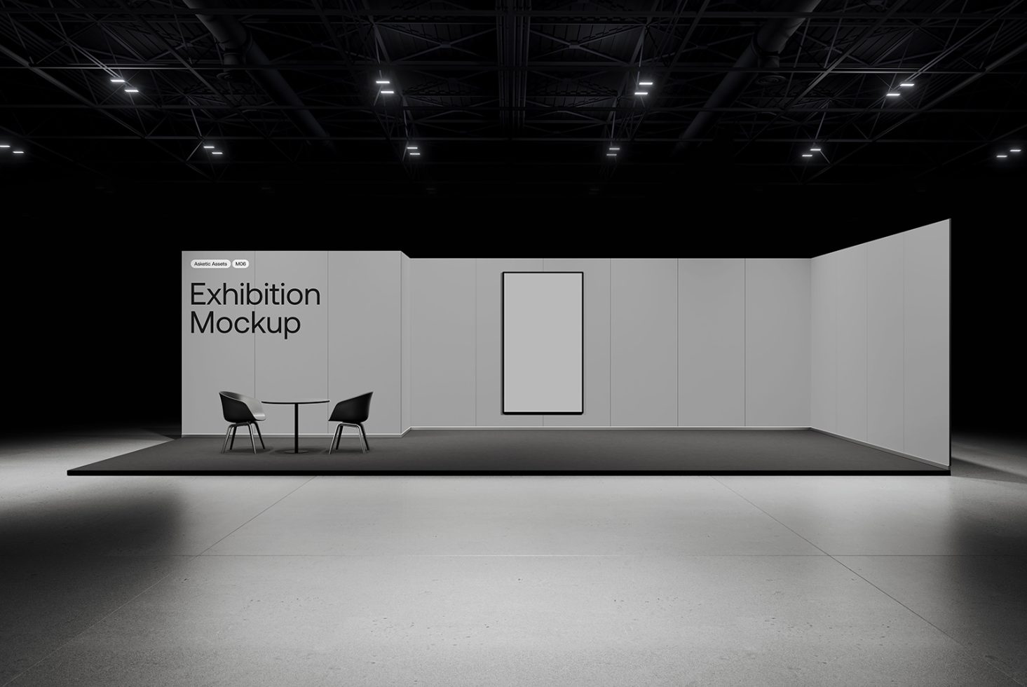 Sleek exhibition mockup with a clean design, space for branding, and modern furniture, suitable for display template design presentations.