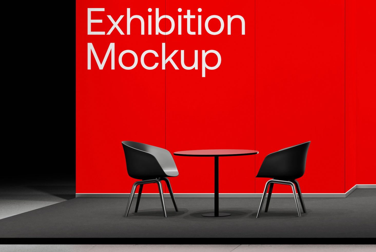 Red exhibition stand mockup with modern chairs and round table on a gray carpet, ideal for showcasing event designs and branding.