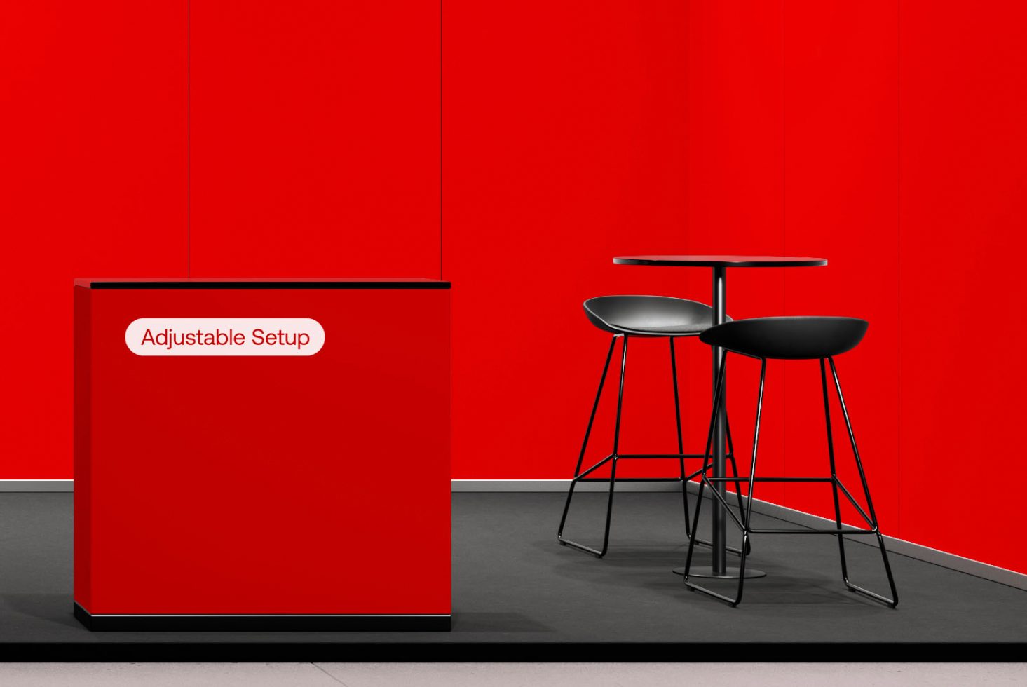 Red exhibition stand mockup with counter and stools in minimalistic design, ideal for brand presentations and portfolio showcases in templates category.