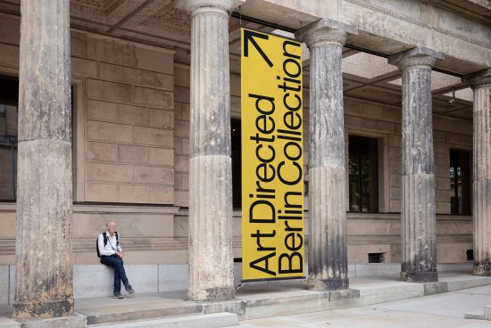 Person resting by neoclassical architecture with Art Collection banner, ideal for mockup or graphic design background, culture and urban style.