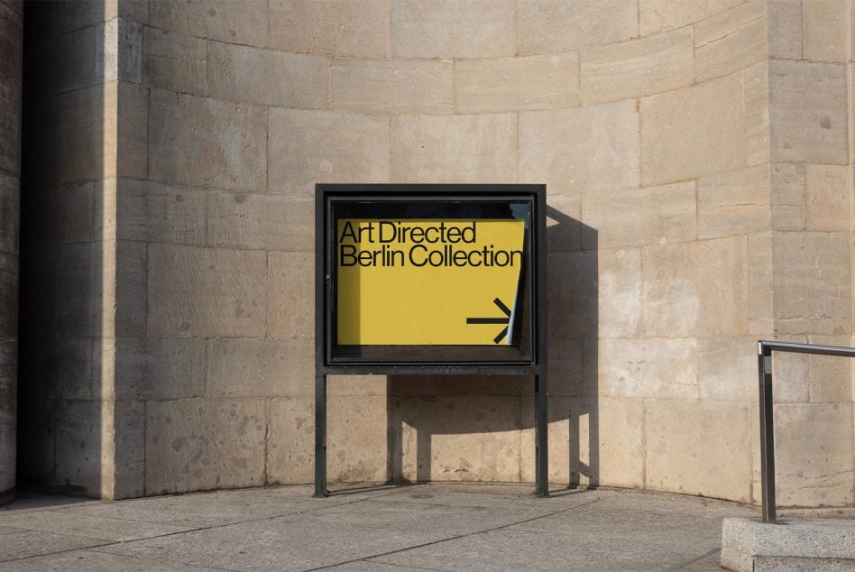 Vintage TV display showing yellow screen with Art Directed Berlin Collection typography