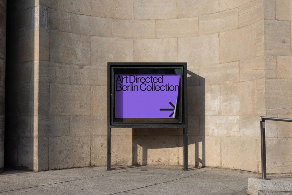 Retro TV on stand displaying purple screen with Art Directed Berlin Collection text