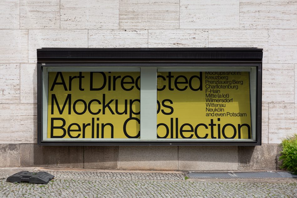 Art Directed Mockups Berlin Collection display on storefront, suitable for graphic design, storefront mockups, urban design templates.