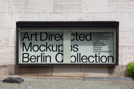 Modern storefront window display mockup with typographic design, suitable for presenting art directed Berlin collection graphics and templates.