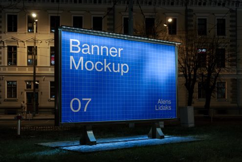 Outdoor billboard banner mockup at night, editable advertising template, realistic graphic design display, city background.