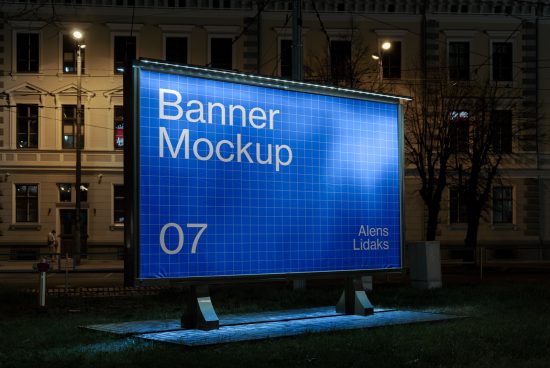 Outdoor billboard banner mockup at night, editable advertising template, realistic graphic design display, city background.