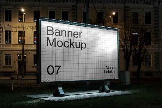 Outdoor billboard mockup at night for advertising design presentation, set in an urban environment with editable surface for graphic designers.