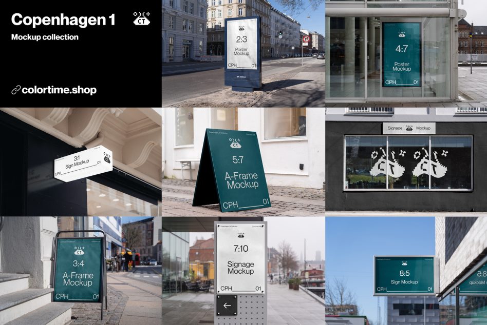 Copenhagen urban signage mockup collection featuring diverse outdoor advertising displays for designers to present their work effectively.