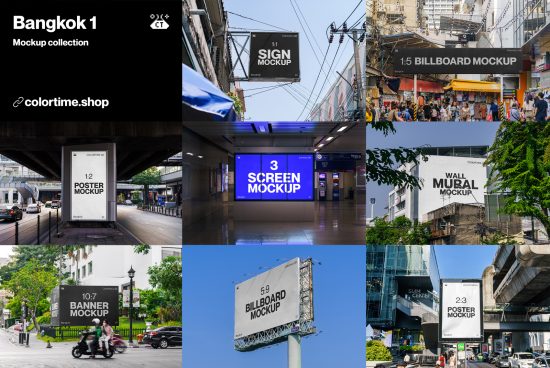 Urban Bangkok outdoor advertising mockup collection featuring billboards, signs, and poster display mockups for design presentations.