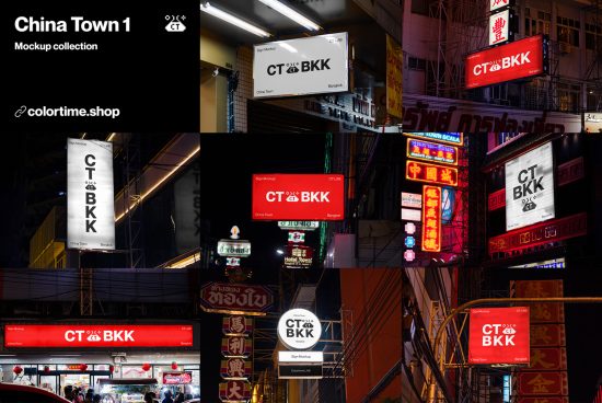 Urban mockup collection of illuminated signages at night with editable designs for storefronts and cityscape advertising in a Chinatown setting.